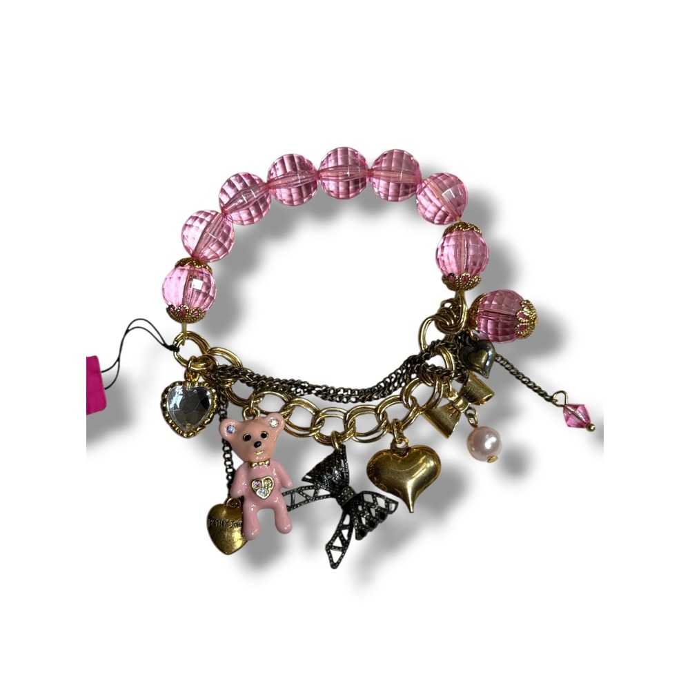 Betsey Johnson Dollhouse Pink Beaded Bear Charm Bracelet Gold Tone Bow Heart New